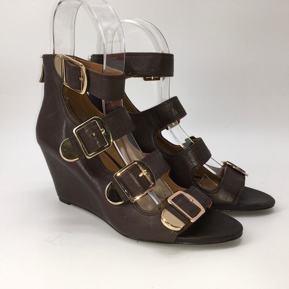 BCBGeneration Cayden Brown Leather Buckle Wedge Sandals Womens 8 Strappy Edgy